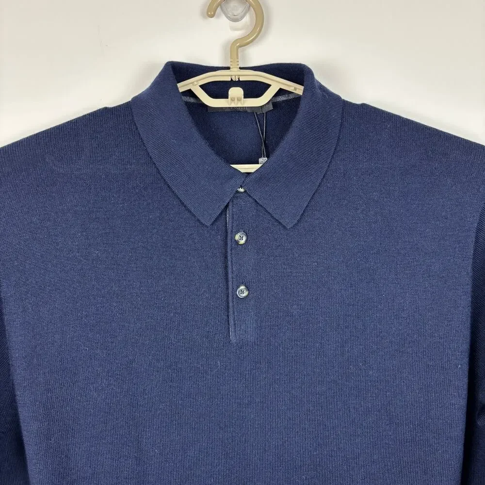 Raffi NEW Navy Blue Merino Wool Long Sleeve Polo Sweater XXL 2XL